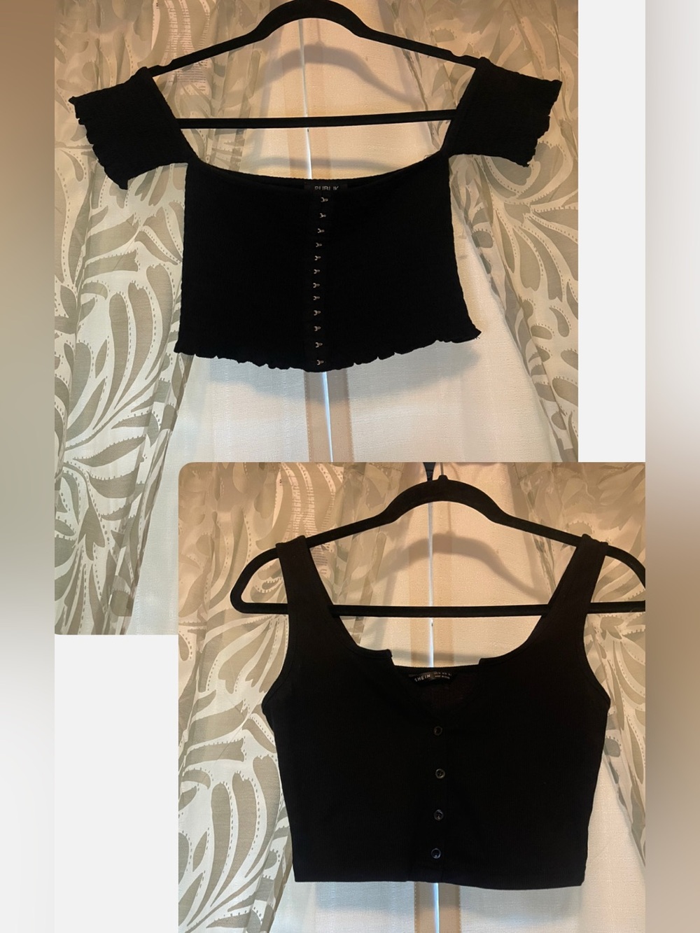 Pair of Crop Tops - Black Ribbed Off-Shoulder and Tank with Button Detail